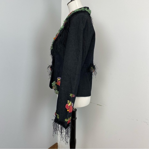 42. Mary Frances Beaded Ribbon Fringe Black Denim Jacket - Picture 5 of 15